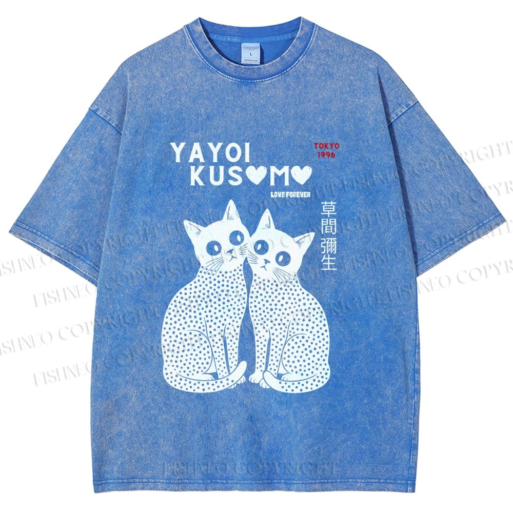 Unisex Yayoi Kusama Cat Printed Washed Tee