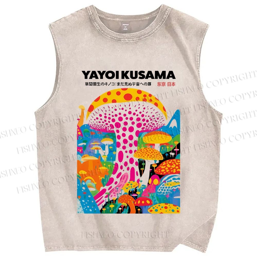 Unisex Japanese Yayoi Kusama Style Mushroom Printed Washed Tank Top