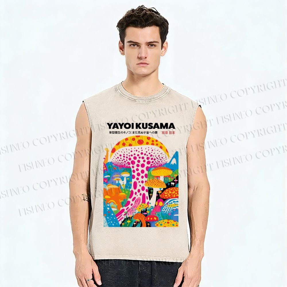 Unisex Japanese Yayoi Kusama Style Mushroom Printed Washed Tank Top