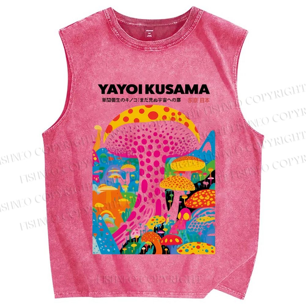 Unisex Japanese Yayoi Kusama Style Mushroom Printed Washed Tank Top