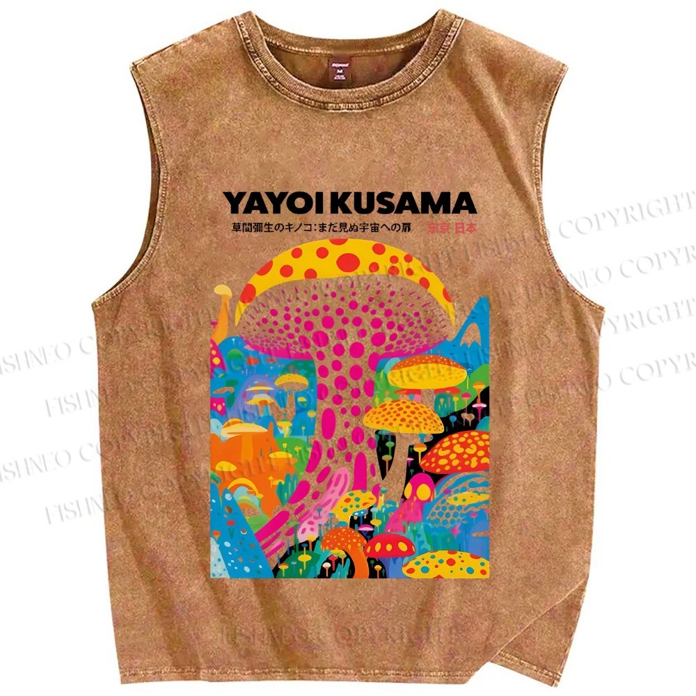 Unisex Japanese Yayoi Kusama Style Mushroom Printed Washed Tank Top