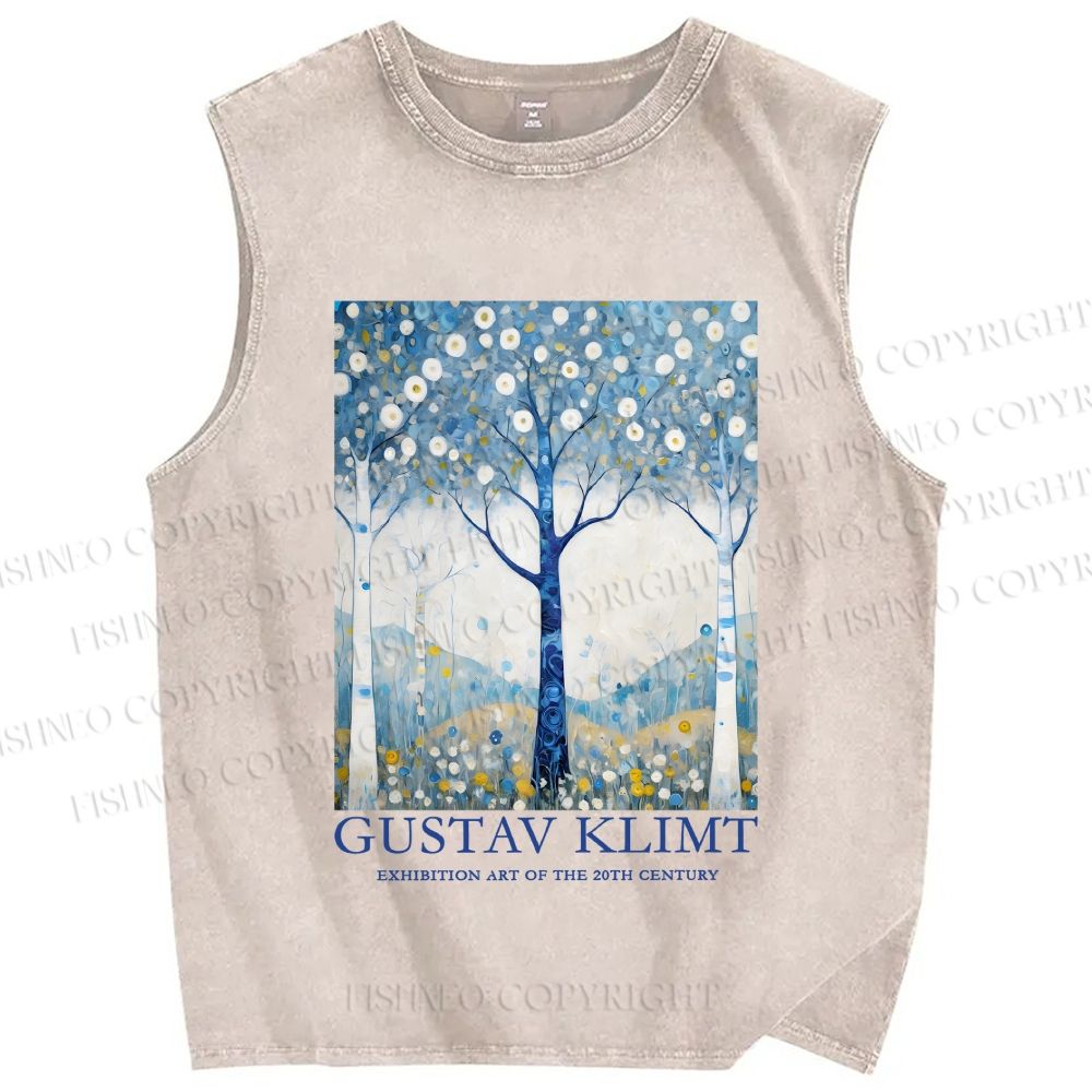 Unisex  Klimt With Blue Wood Printed Washed Tank Top