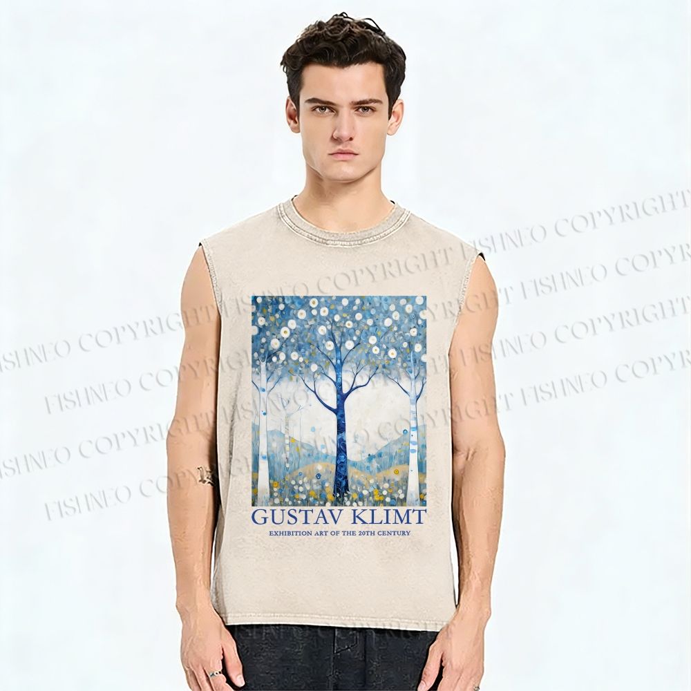 Unisex  Klimt With Blue Wood Printed Washed Tank Top