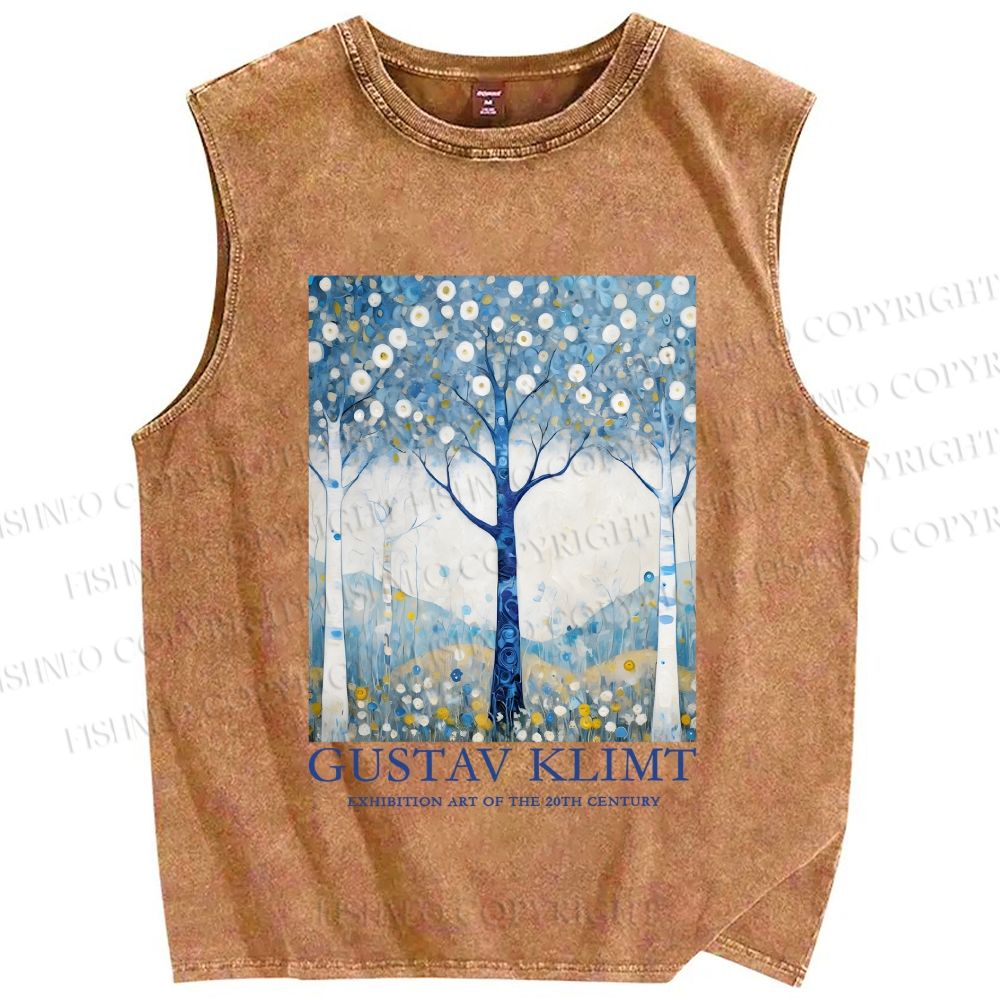 Unisex  Klimt With Blue Wood Printed Washed Tank Top