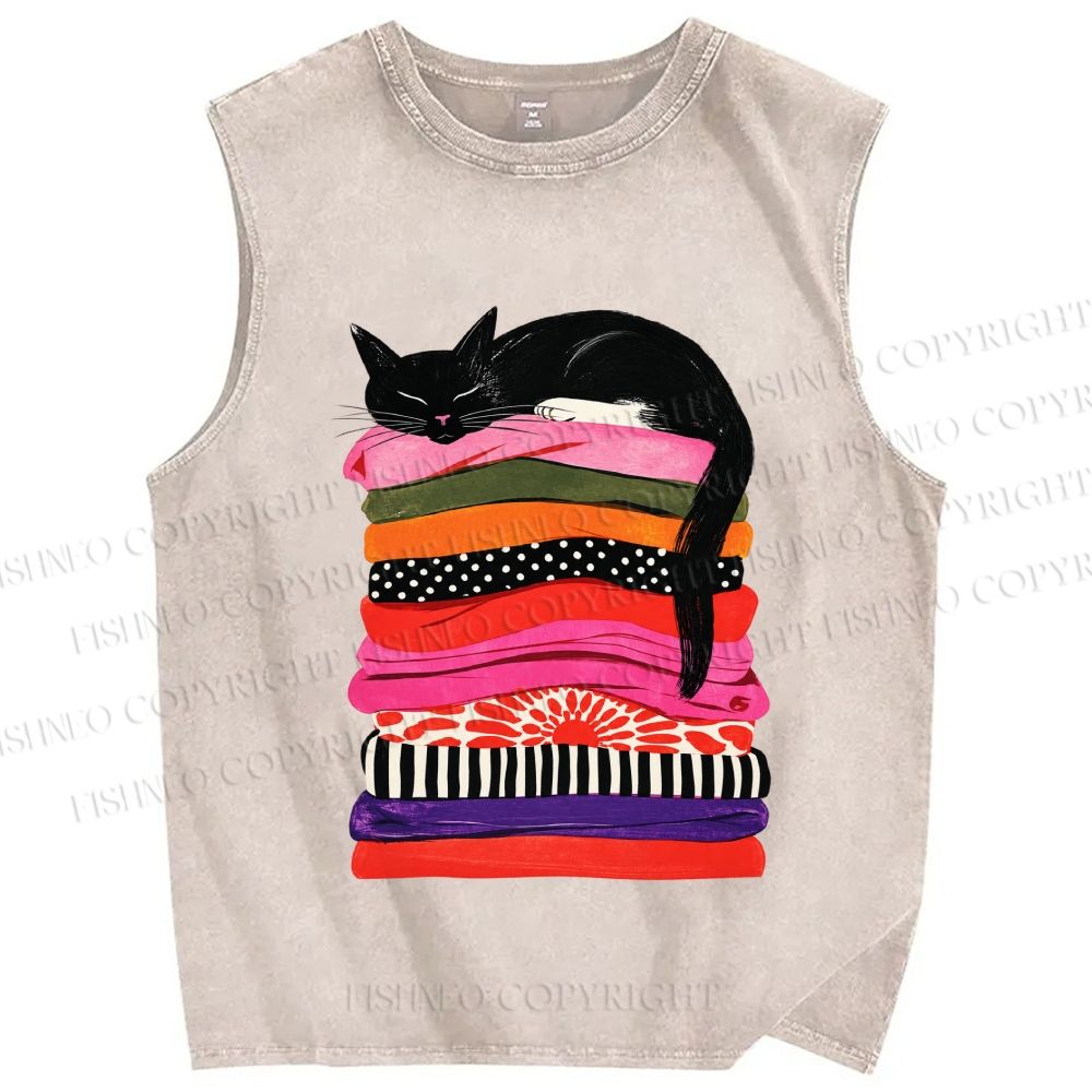 Unisex Black Cat Printed Washed Tank Top