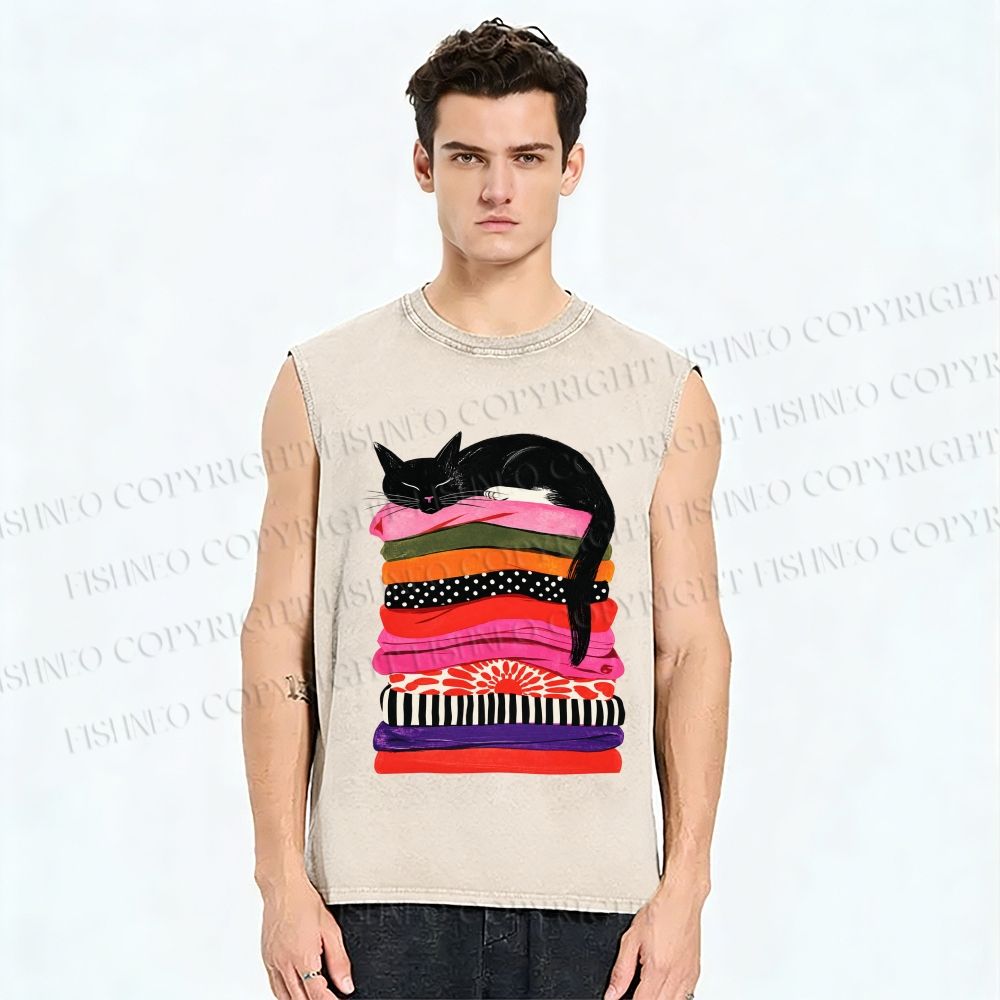 Unisex Black Cat Printed Washed Tank Top
