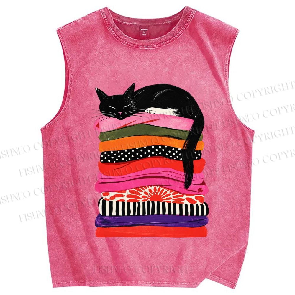 Unisex Black Cat Printed Washed Tank Top