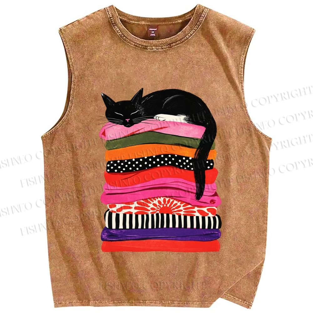 Unisex Black Cat Printed Washed Tank Top
