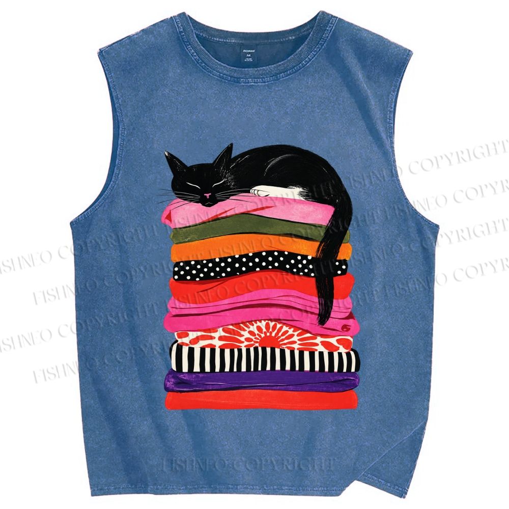 Unisex Black Cat Printed Washed Tank Top