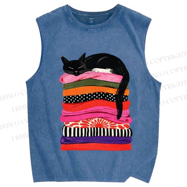 Unisex Black Cat Printed Washed Tank Top