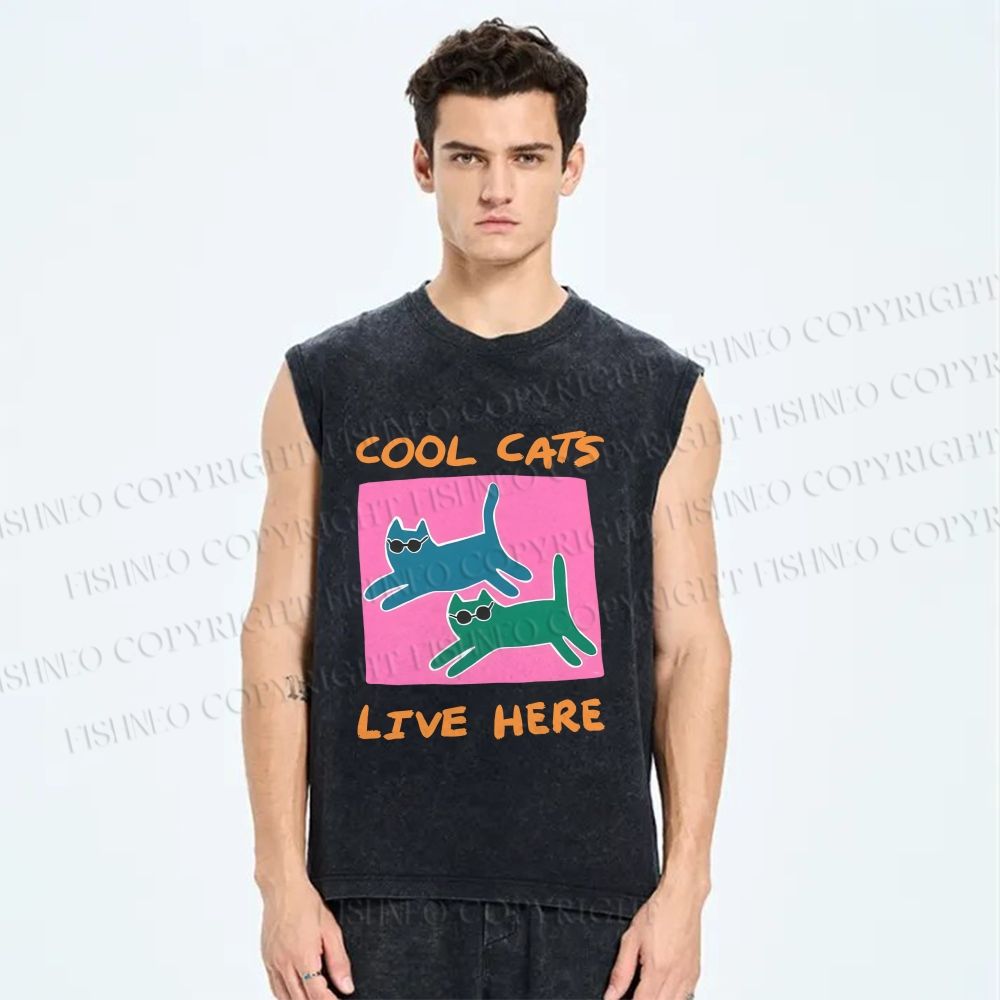 Unisex Cool Cats Live Here Printed Washed Tank Top