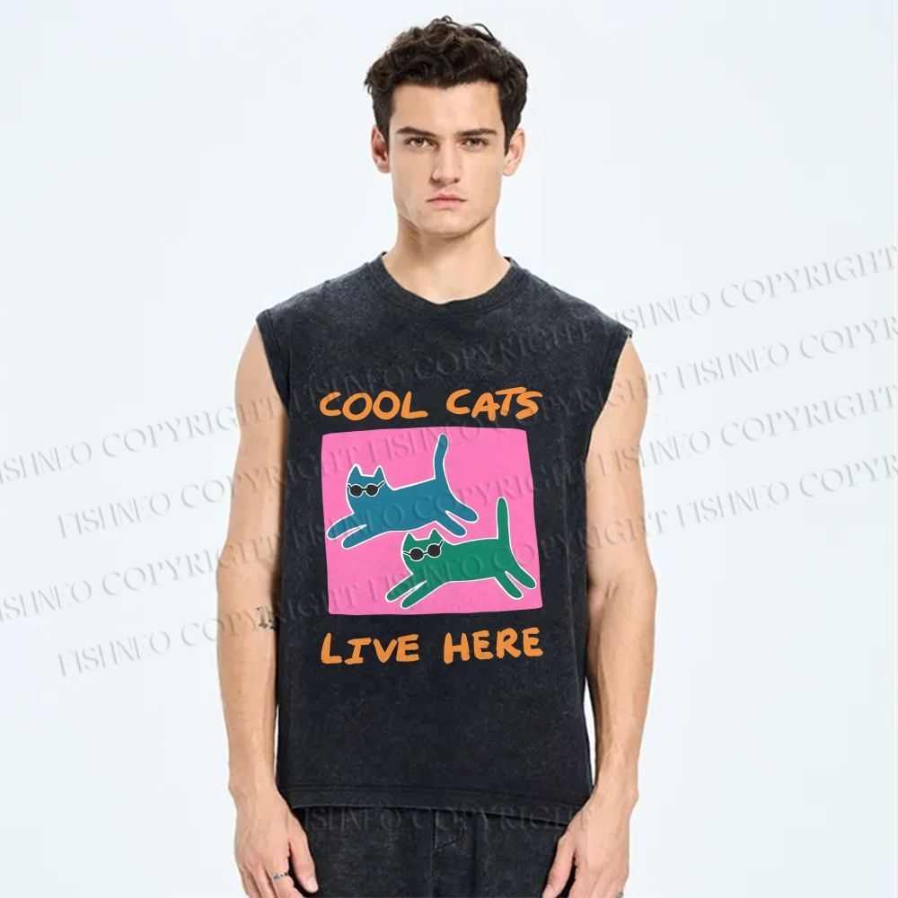 Unisex Cool Cats Live Here Printed Washed Tank Top