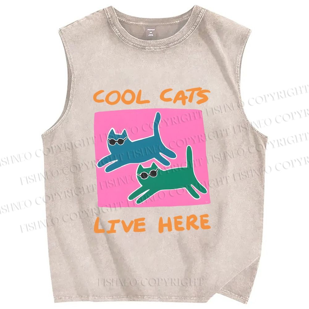 Unisex Cool Cats Live Here Printed Washed Tank Top