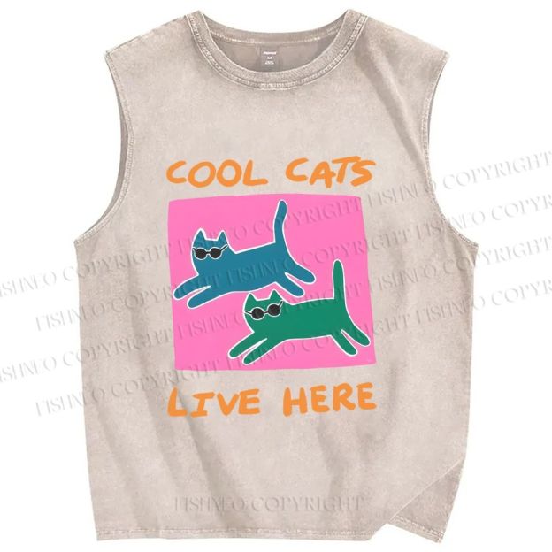 Unisex Cool Cats Live Here Printed Washed Tank Top