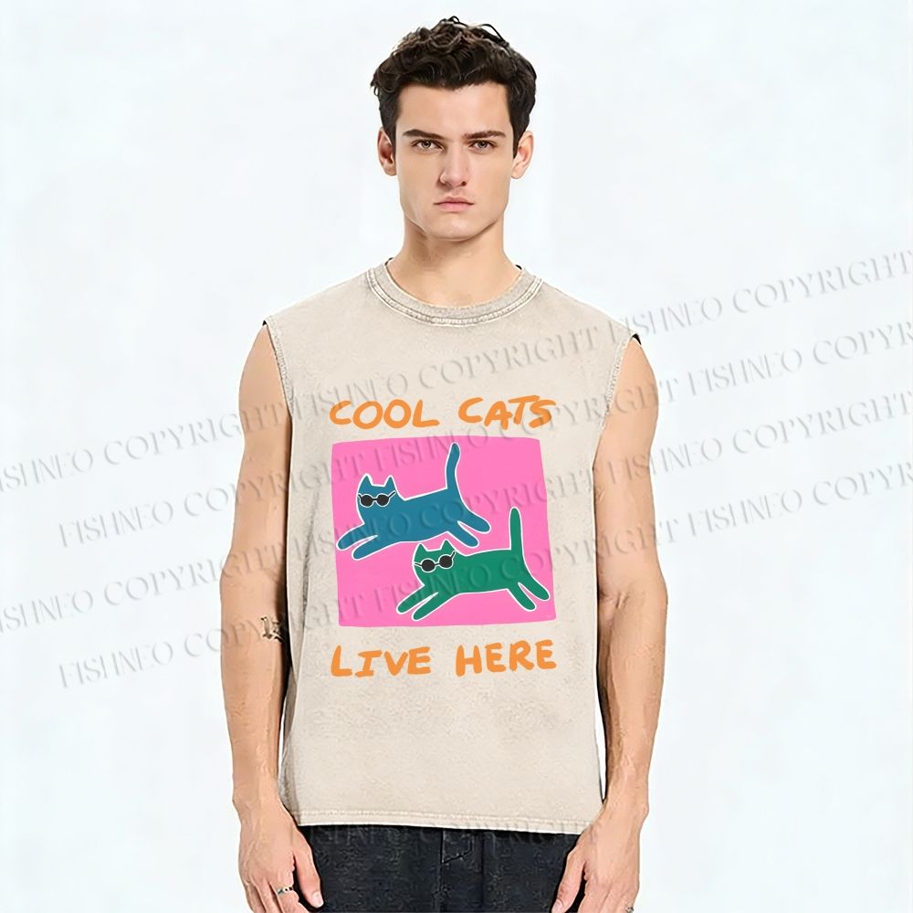Unisex Cool Cats Live Here Printed Washed Tank Top