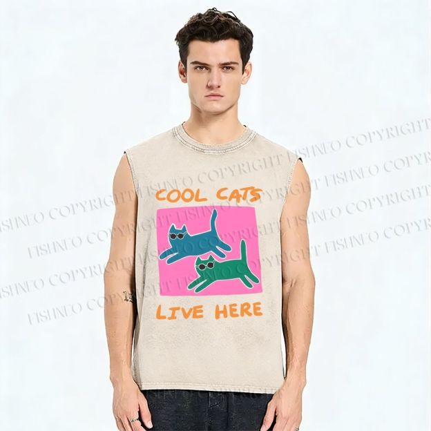 Unisex Cool Cats Live Here Printed Washed Tank Top
