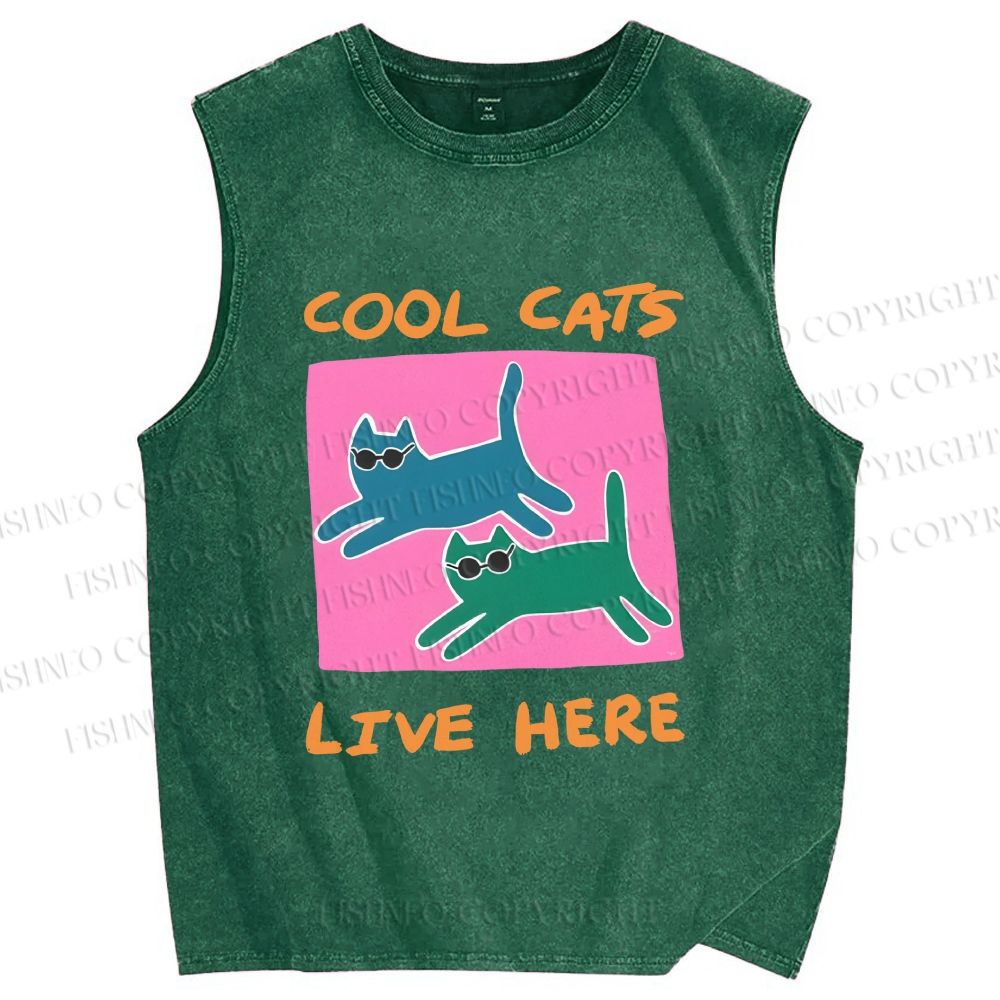 Unisex Cool Cats Live Here Printed Washed Tank Top