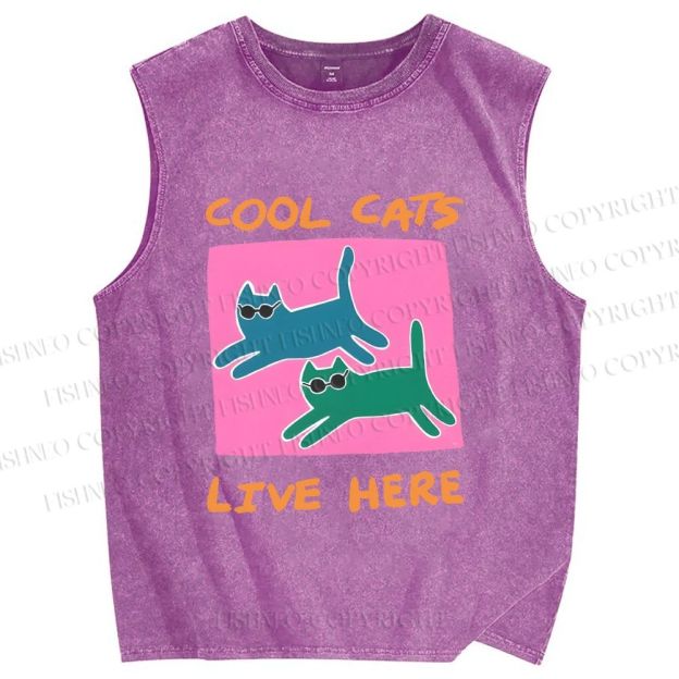 Unisex Cool Cats Live Here Printed Washed Tank Top