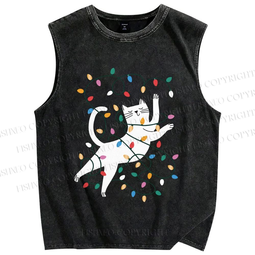 Unisex Cat With Christmas Lights Printed Washed Tank Top