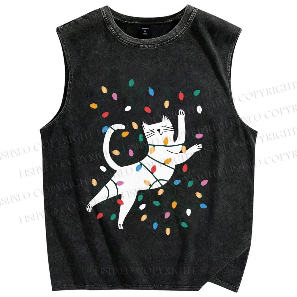 Unisex Cat With Christmas Lights Printed Washed Tank Top