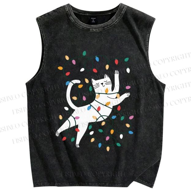 Unisex Cat With Christmas Lights Printed Washed Tank Top