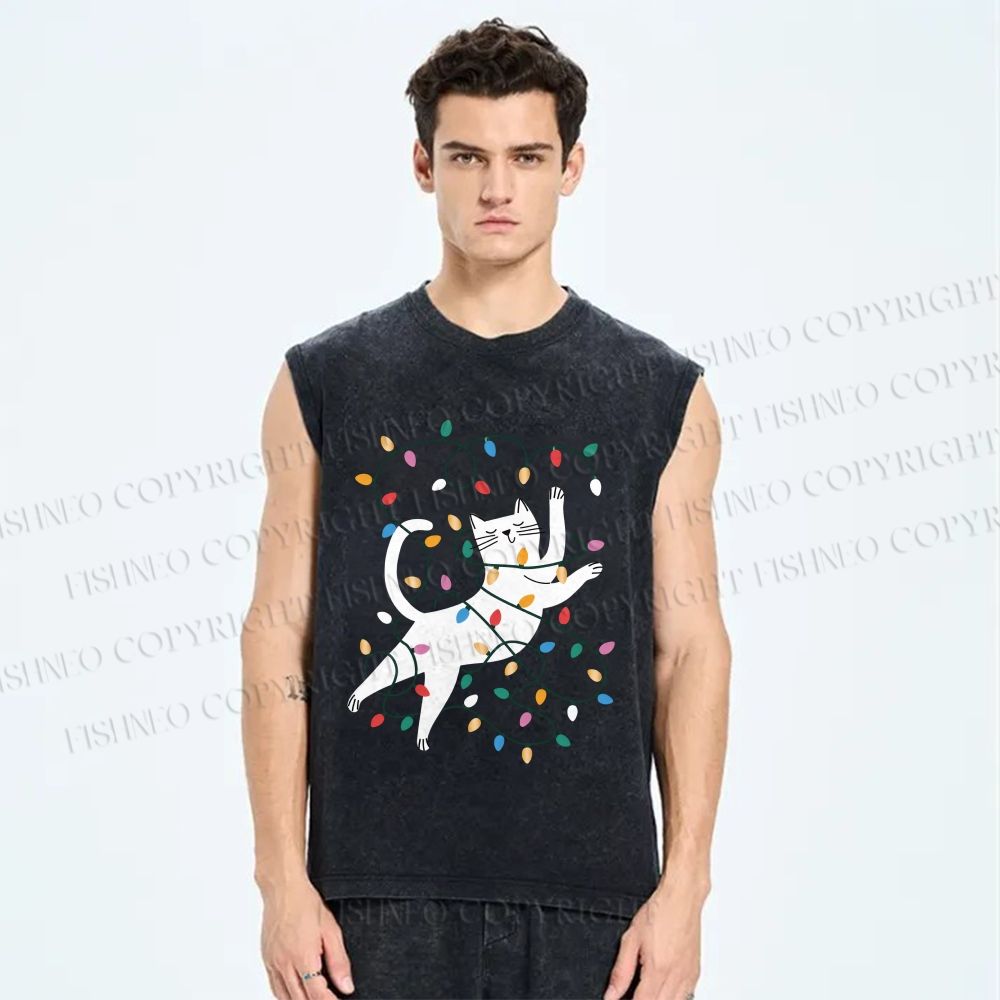 Unisex Cat With Christmas Lights Printed Washed Tank Top