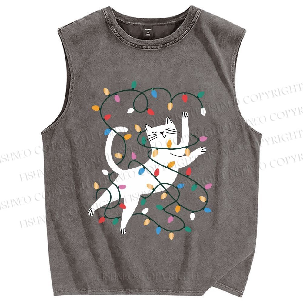 Unisex Cat With Christmas Lights Printed Washed Tank Top