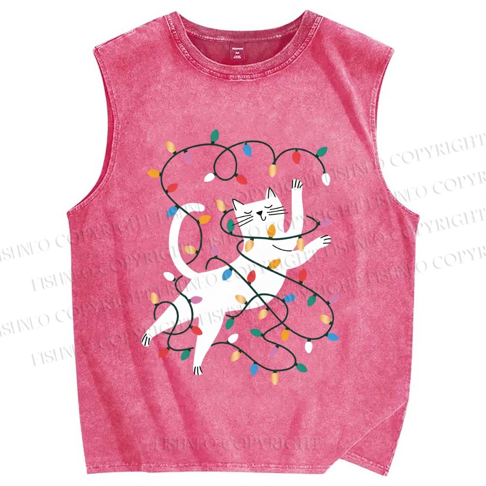 Unisex Cat With Christmas Lights Printed Washed Tank Top