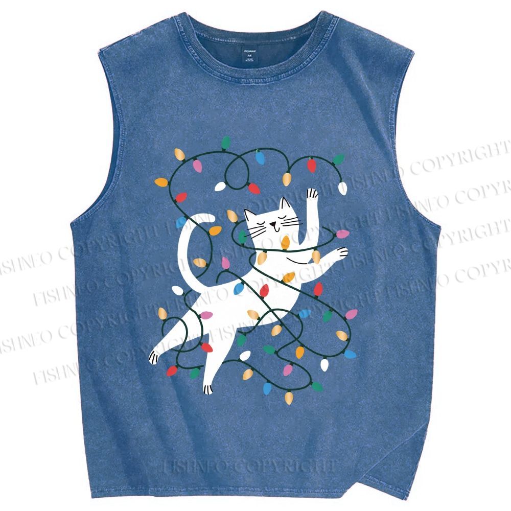 Unisex Cat With Christmas Lights Printed Washed Tank Top