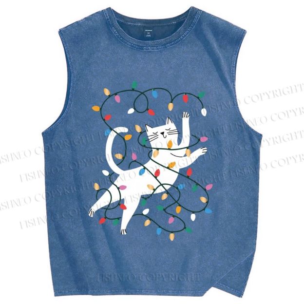 Unisex Cat With Christmas Lights Printed Washed Tank Top