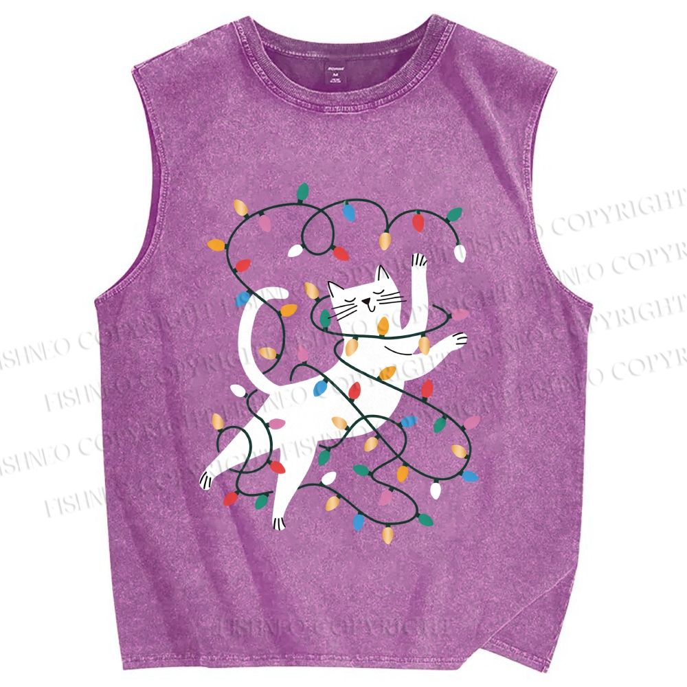Unisex Cat With Christmas Lights Printed Washed Tank Top