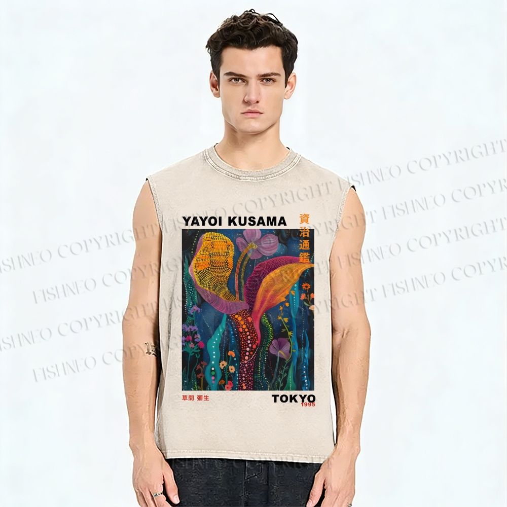 Unisex Yayoi Kusama Flowers Printed Washed Tank Top