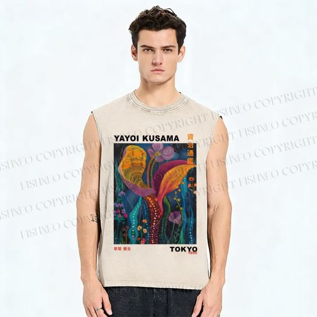 Unisex Yayoi Kusama Flowers Printed Washed Tank Top