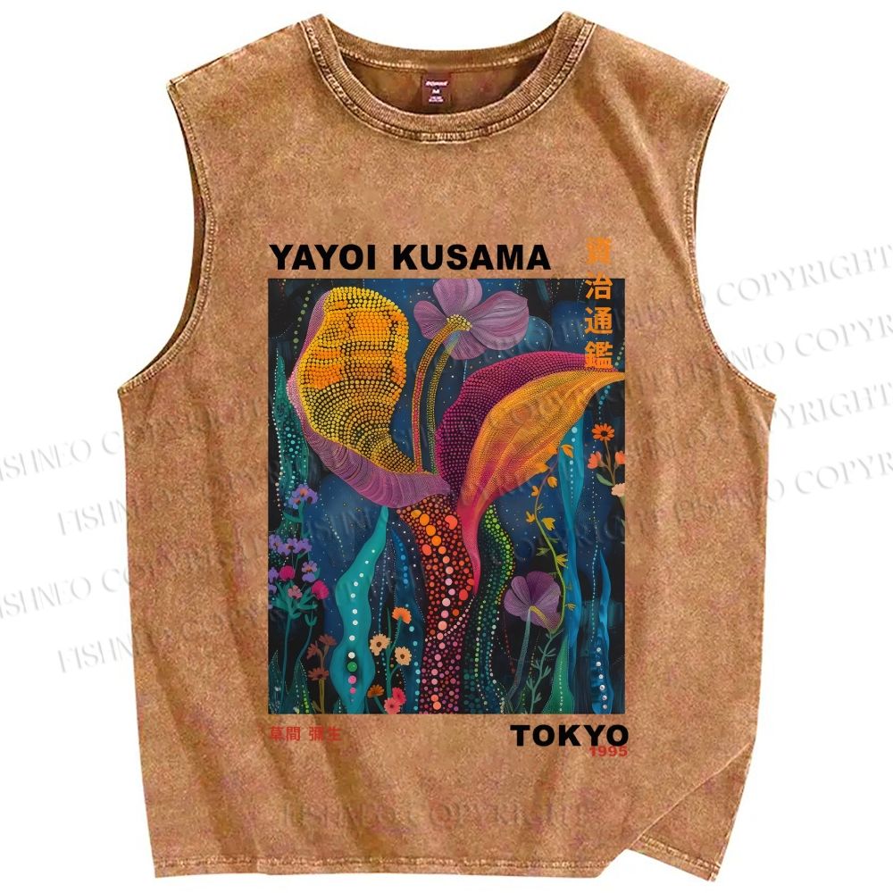 Unisex Yayoi Kusama Flowers Printed Washed Tank Top