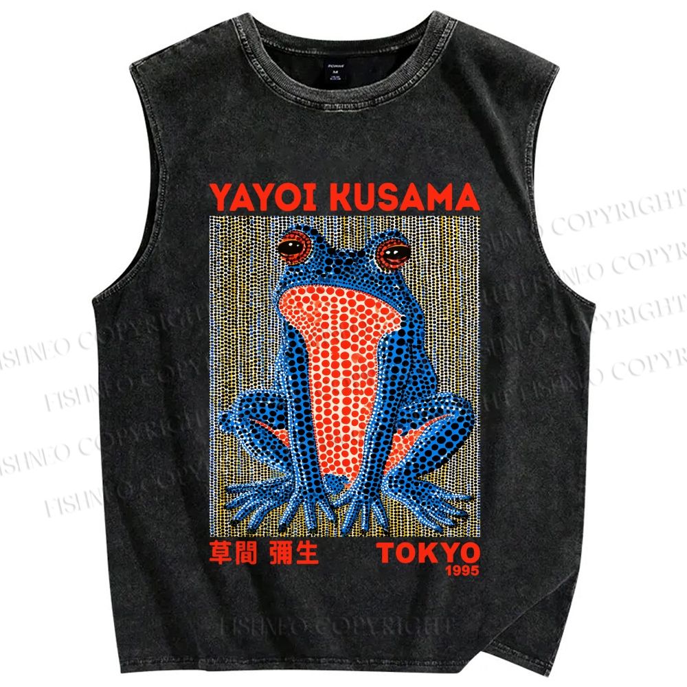 Unisex Yayoi Kusama Blue Frog Printed Washed Tank Top