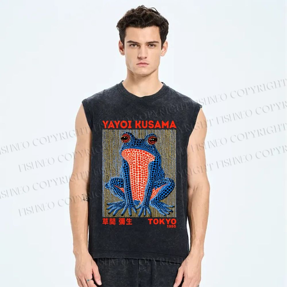 Unisex Yayoi Kusama Blue Frog Printed Washed Tank Top