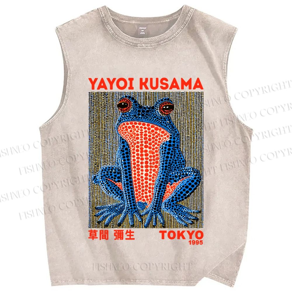 Unisex Yayoi Kusama Blue Frog Printed Washed Tank Top