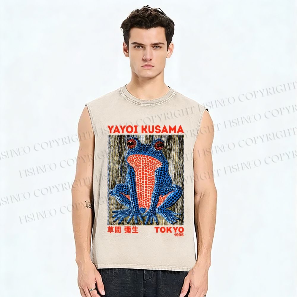 Unisex Yayoi Kusama Blue Frog Printed Washed Tank Top