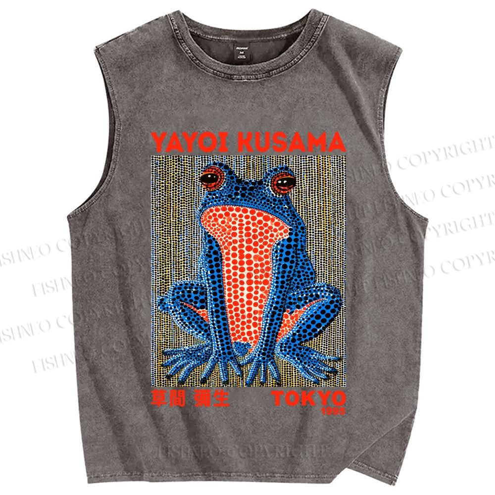 Unisex Yayoi Kusama Blue Frog Printed Washed Tank Top