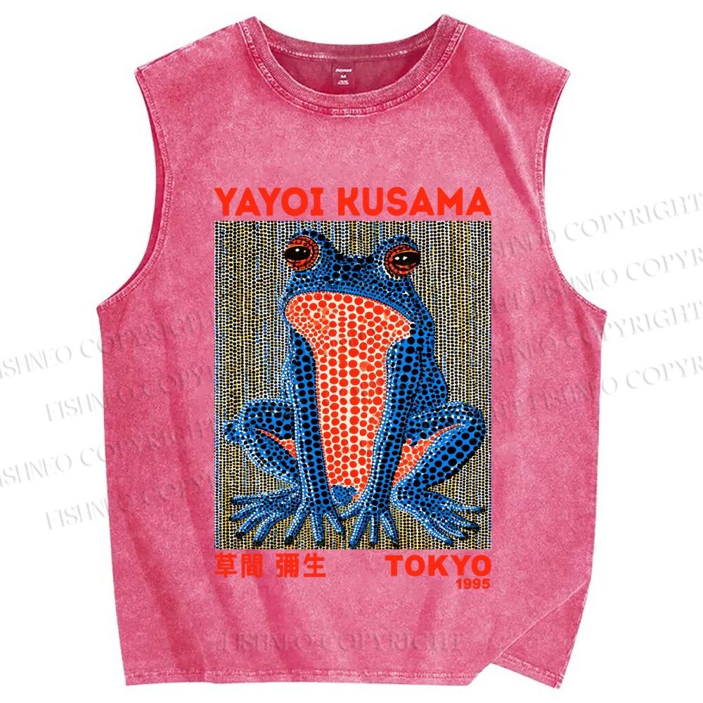 Unisex Yayoi Kusama Blue Frog Printed Washed Tank Top