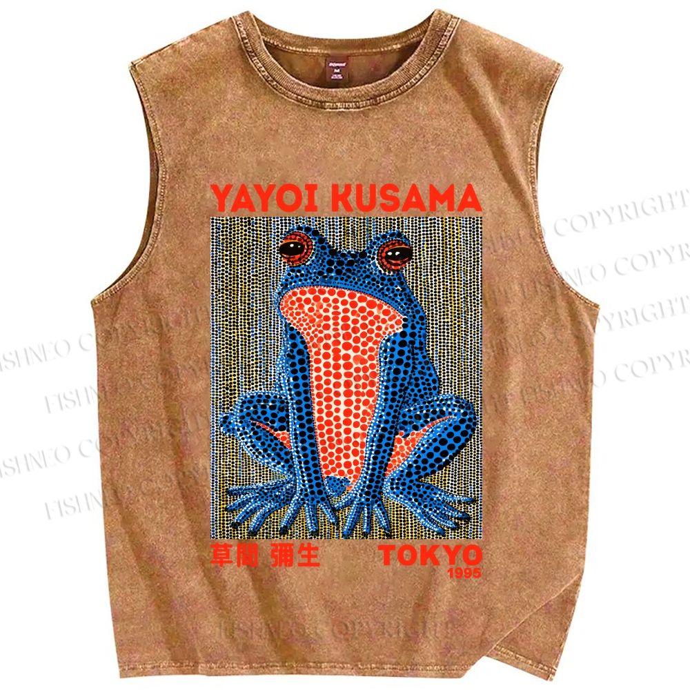 Unisex Yayoi Kusama Blue Frog Printed Washed Tank Top