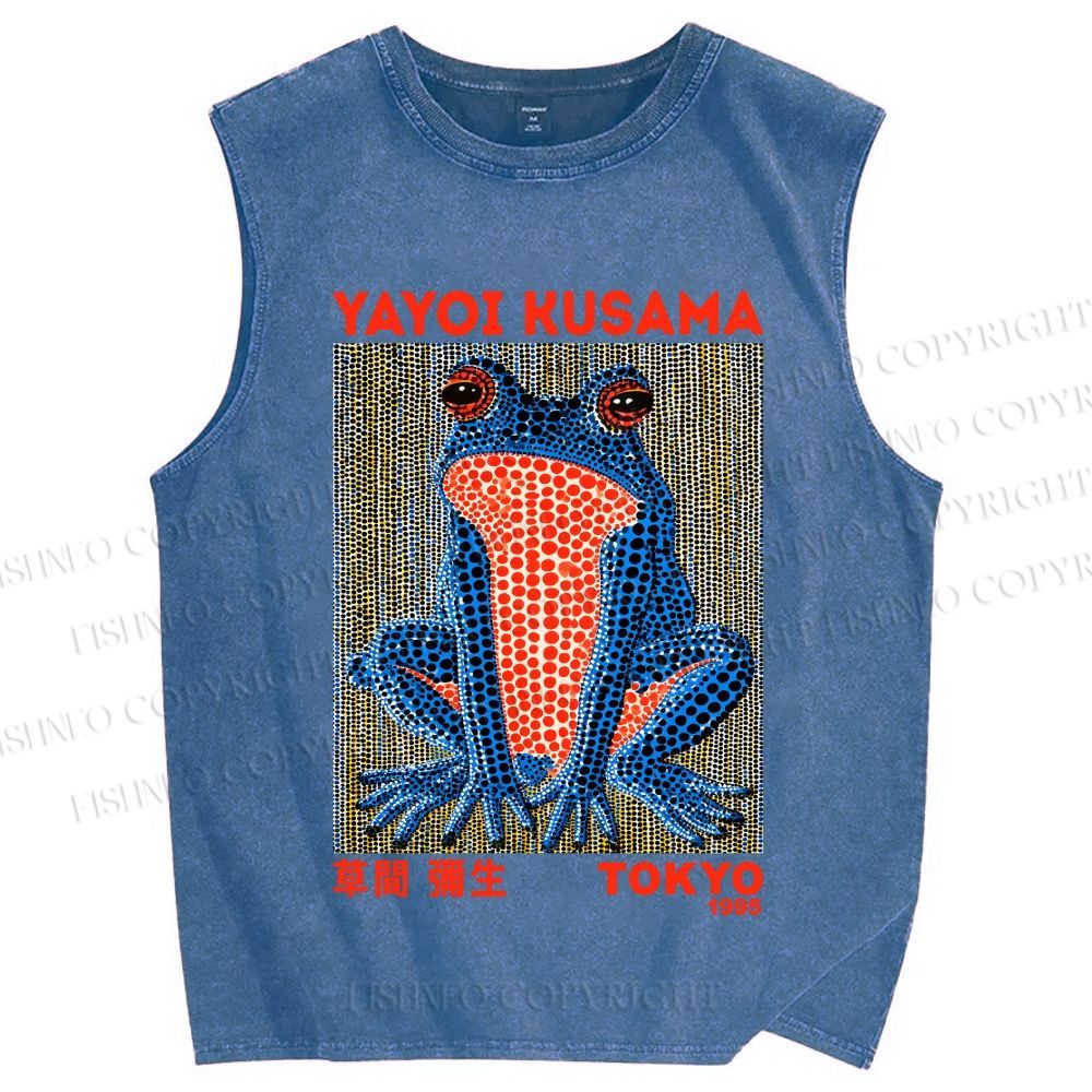 Unisex Yayoi Kusama Blue Frog Printed Washed Tank Top