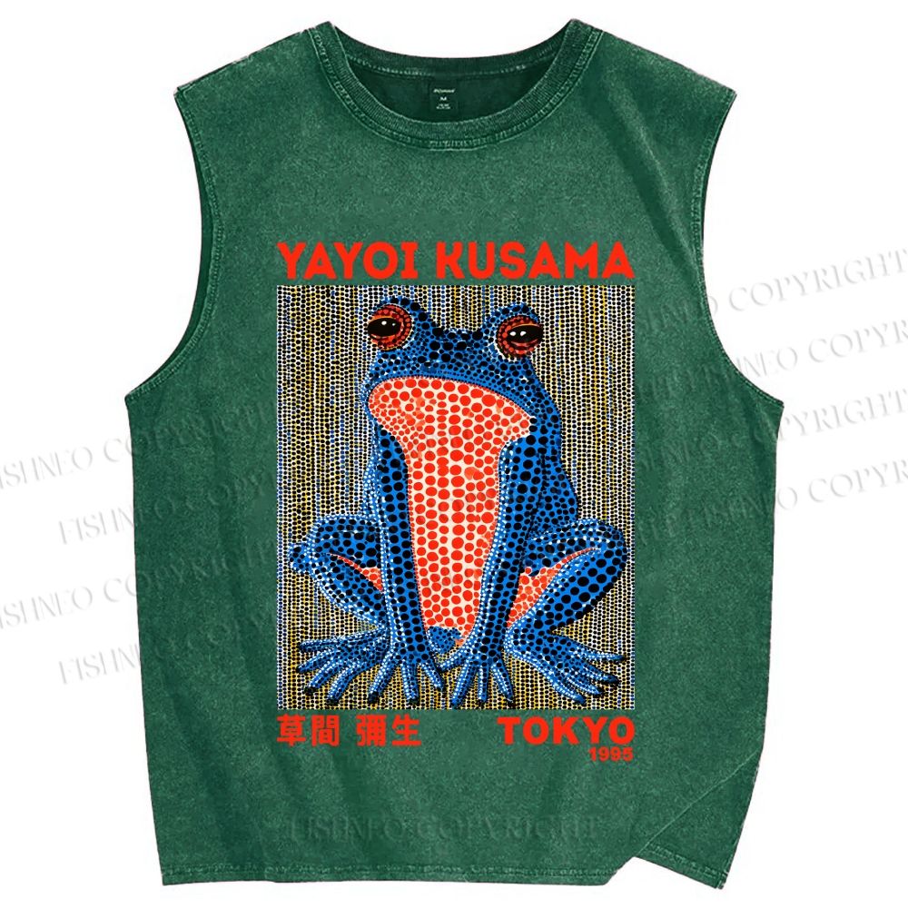 Unisex Yayoi Kusama Blue Frog Printed Washed Tank Top