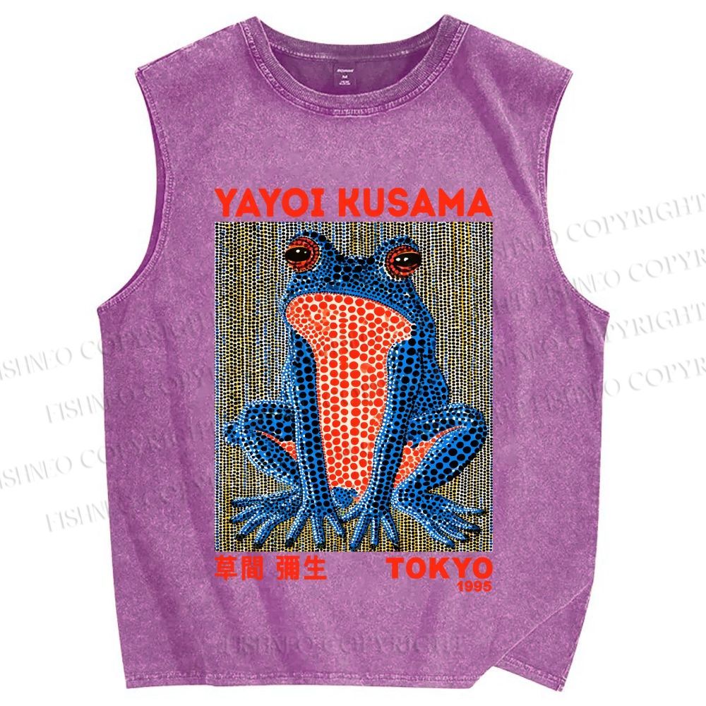 Unisex Yayoi Kusama Blue Frog Printed Washed Tank Top