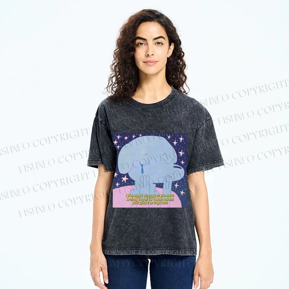 Unisex Crying Blue Dog Meme Printed Washed Tee