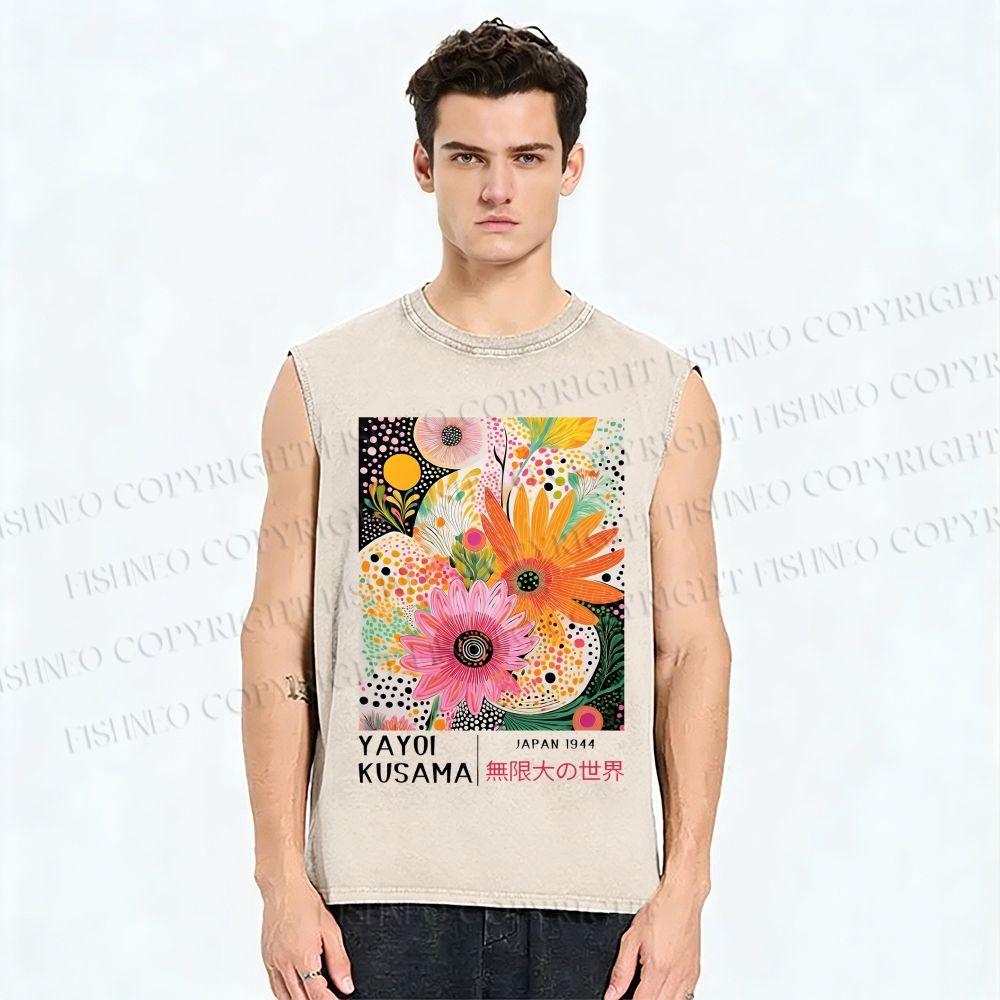 Unisex Yayoi Kusama Flowers Printed Washed Tank Top