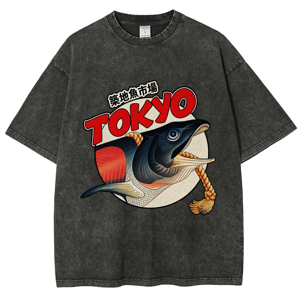 Unisex Tsukiji Fish Market Printed Washed Tee