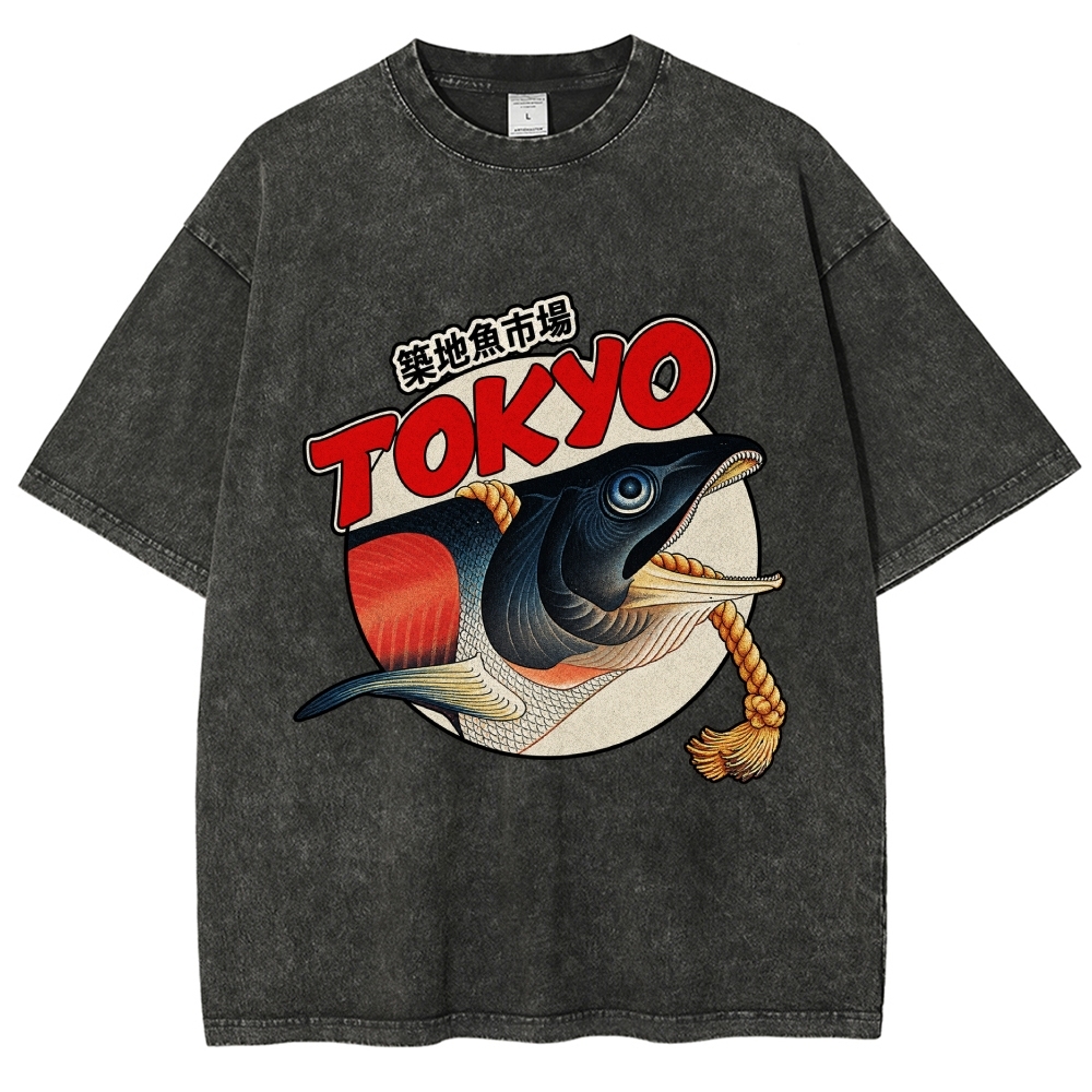 Unisex Tsukiji Fish Market Printed Washed Tee