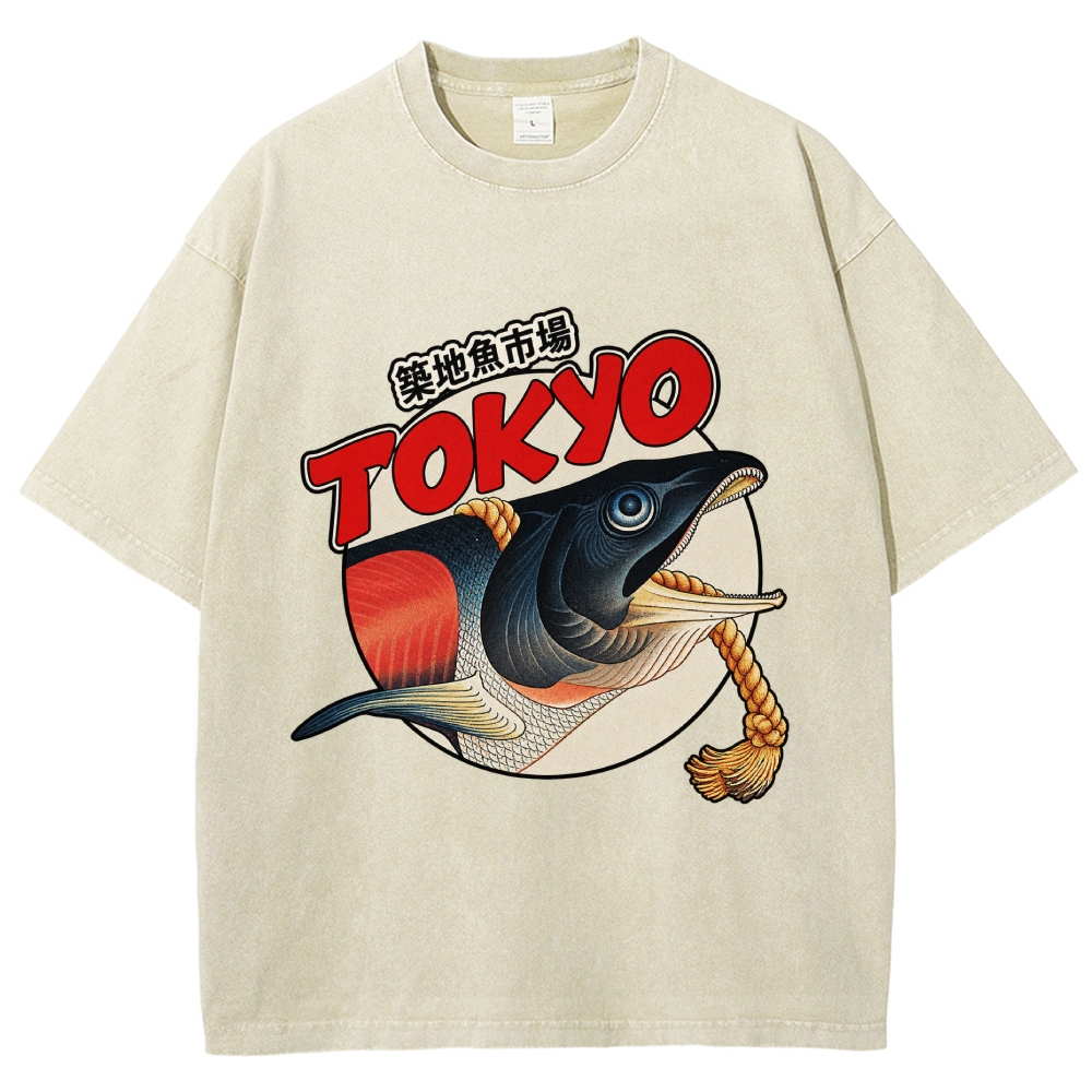 Unisex Tsukiji Fish Market Printed Washed Tee