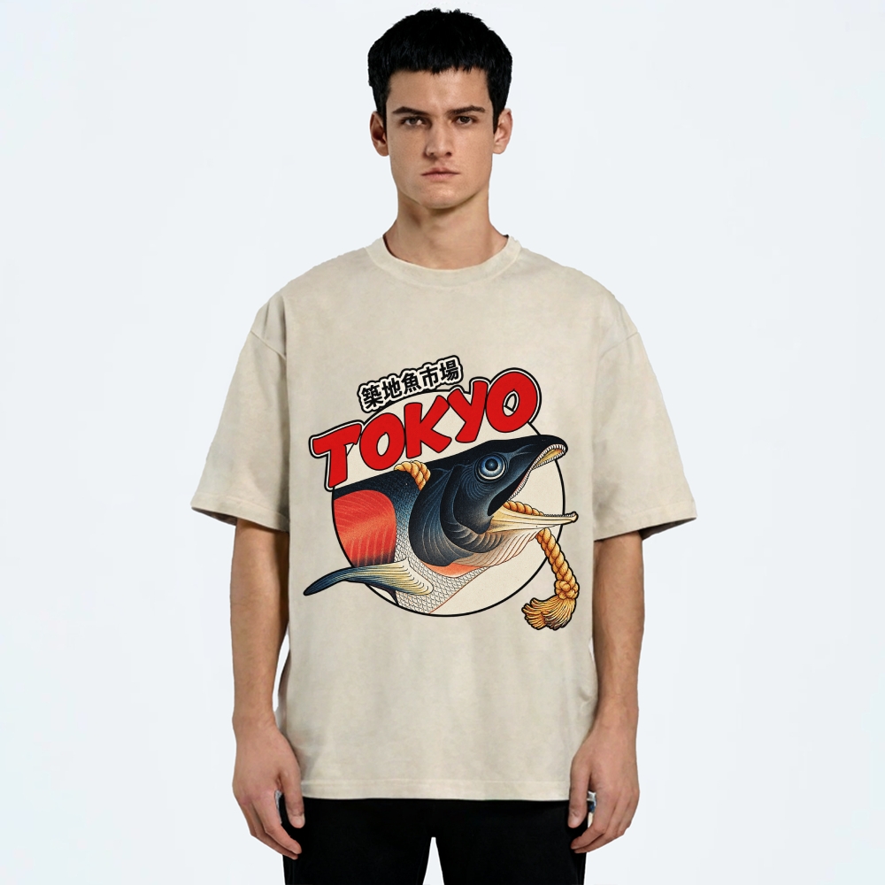 Unisex Tsukiji Fish Market Printed Washed Tee